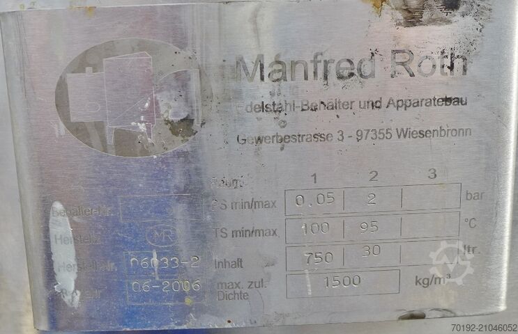 750 liter verwarmbare/koelbare conische tank van V4A. Manfred Roth 9292