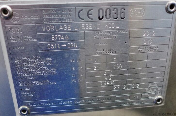 400 literes V4A nyomástartó tartály ferde lapátos keverővel bollazzi 9021