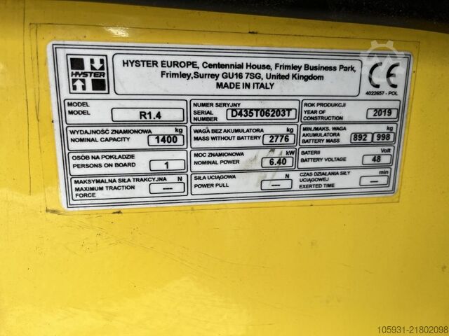 περονοφόρο ανυψωτικό με μετατόπιση ιστού Hyster R1.4