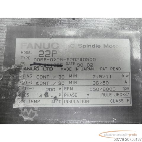 Jednostka sterująca Fanuc 22P / A06B-0729-B202 # 0500 AC Spindle Motor ohne Typenschild
