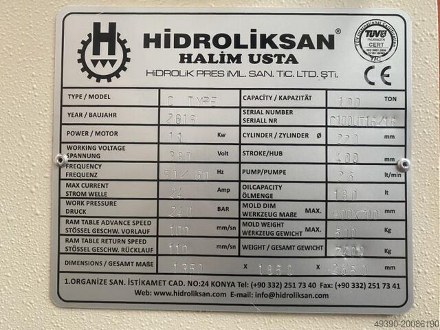 Ensøjlet - hydraulisk presse, hydropresse, stansepresse, produktionspresse HIDROLIKSAN C-Type 100