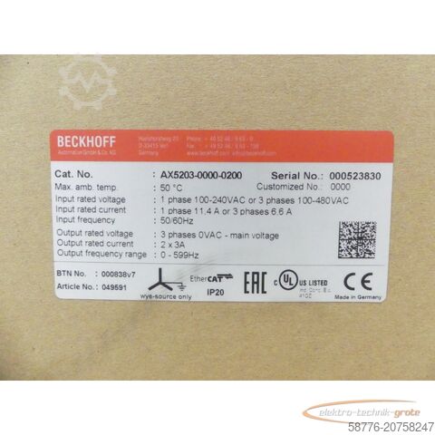 Component Beckhoff AX5203 Servoverstärker SN neu und versiegelt -