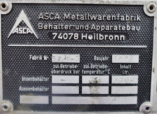 Réservoir rectangulaire de 1100 litres en acier inoxydable V4A ASCA Apparate Behälterbau 9152