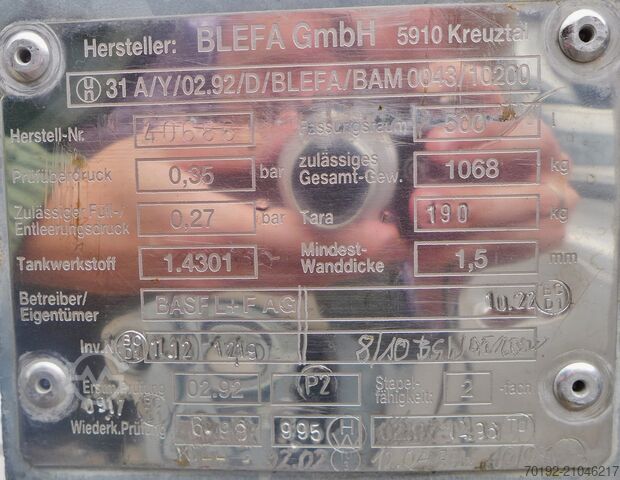 Conteneur IBC de 500 litres en V2A Blefa 9149