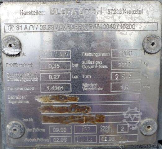 Conteneur IBC de 1000 litres en V2A Blefa 9148