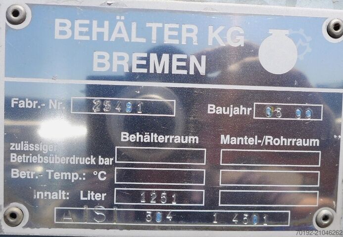 Conteneur de 1251 litres en acier inoxydable V2A Behälter KG Bremen 9129