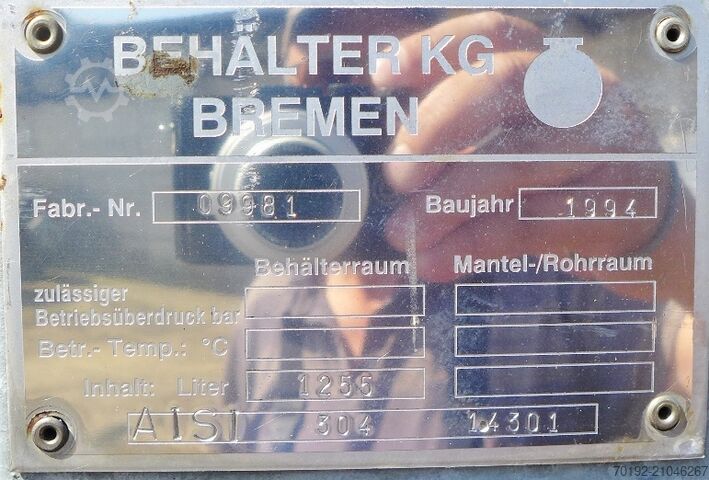 Conteneur de 1255 litres en acier inoxydable V2A Behälter KG Bremen 9128