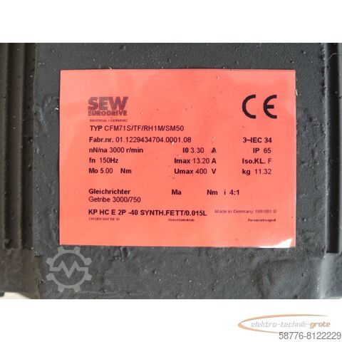 SEW Eurodrive Motor SEW Eurodrive CFM71S / TF / RH1M / SM50 SN:01.1229434704.0001.08 generalüberholt mit 12 Monaten Gewährleistung
