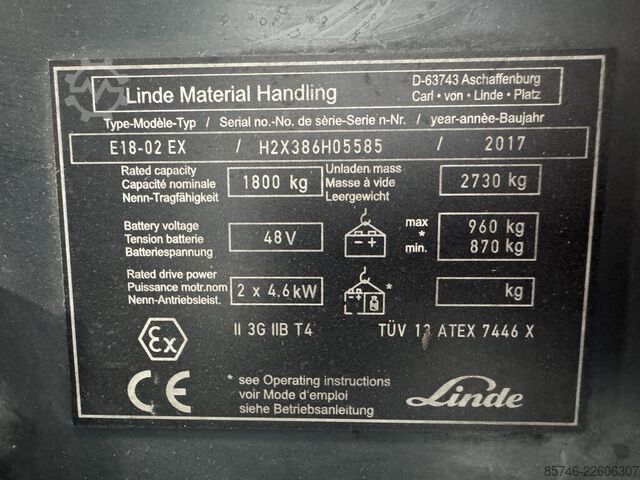 E 18 - 386 / 02 Evo * Atex EX * Proplan 3G / Z2 * NEUE Batterie!! LINDE E 18 - 386 / 02 Evo * Atex EX * Proplan 3G / Z2 * NEW battery !!
