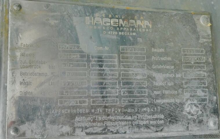 17200 liter roertank van V2A met 27 kW explosieveilige balkroerder Hagemann 7083