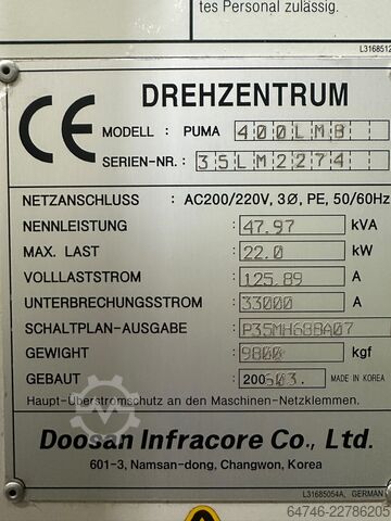 Centro de torneado y fresado CNC DOOSAN Puma 400 LMB steady rest +2000 mm