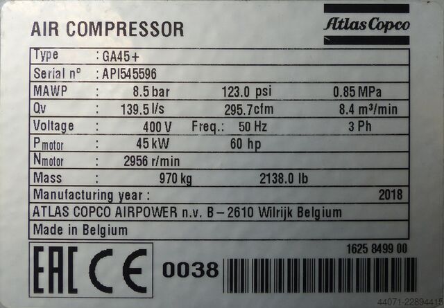 κοχλιοφόρος συμπιεστής GA45+ Atlas Copco GA45+