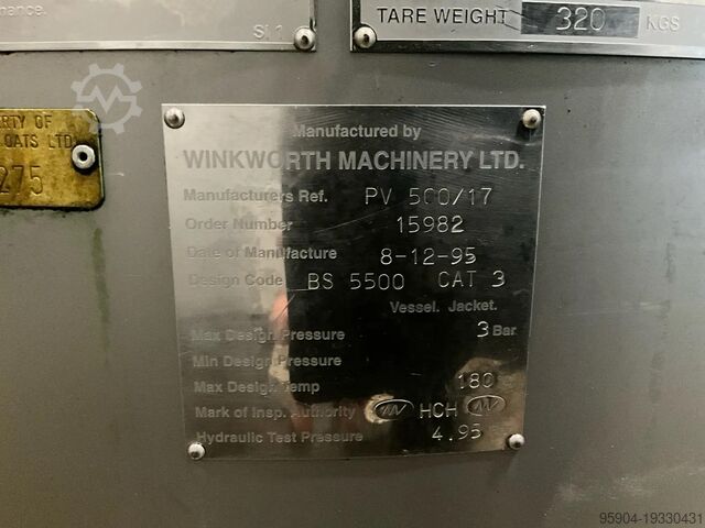Opslag en tank met roestvrijstalen mantel Winkworth S/S Jacketed Tank PV500