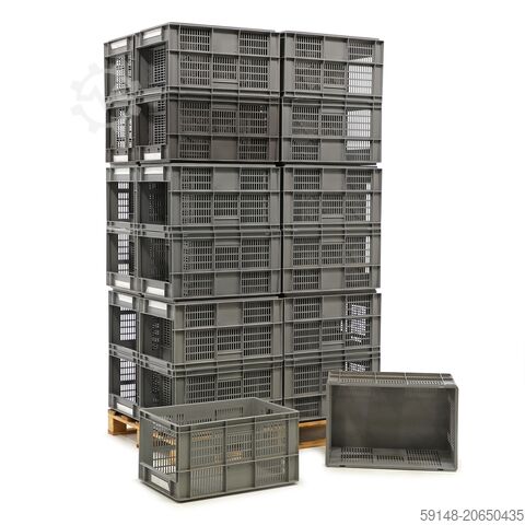 Gebruikte Euronorm stapelbakken met grijpopening - L:600 x B:400 x H:320mm - Grijs - Kruizinga 98-7608GB-PAL