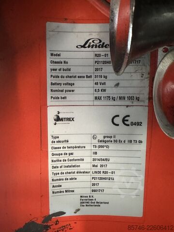 R 20 - * Atex EX * Mitrex 3G / Z2 * Triplex FFL * NEW battery !! LINDE R 20 -  * Atex EX * Mitrex 3G / Z2 * Triplex FFL * NEW battery !!
