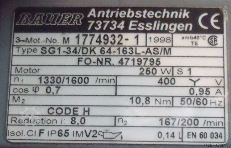 Tandwielmotor 0,25 kW 167 tpm BAUER SG1-34