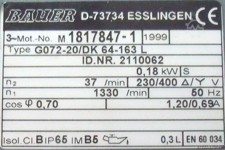 Aandrijfmotor 0,18 kW 37 omw/min BAUER G072-20/DK 64-163 L