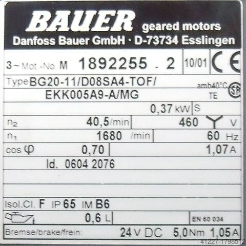 Tandwielmotor 0,37 kW 33 tpm BAUER BG20-11