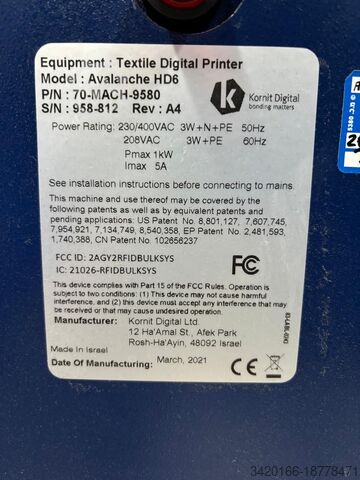 Macchina da stampa digitale Kornit Avalanche HD6