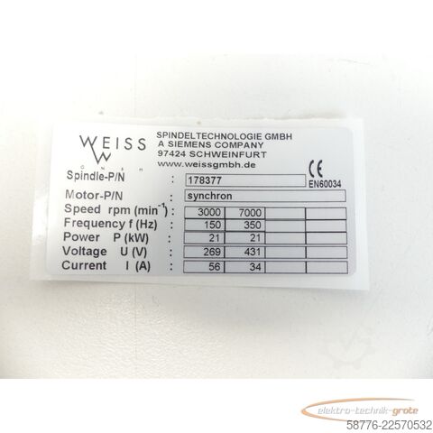 Składnik Weiss 178377 Schleifspindel 21kw / 7000 U/min = 0002    !