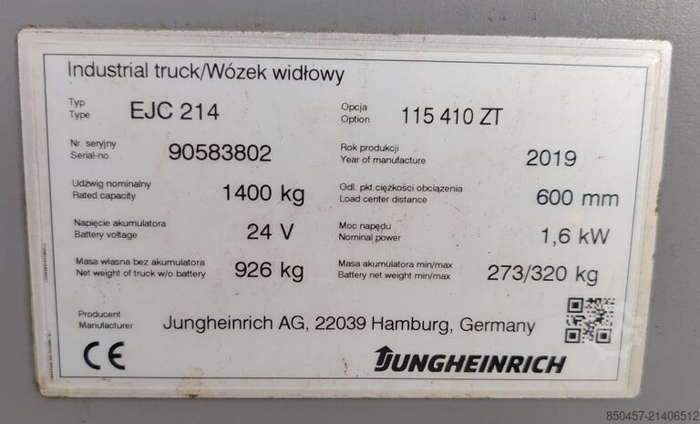 Στοιβαχτές παλετών Jungheinrich EJC 214 4.1m/ 2019y/ 3108mh Batt2025