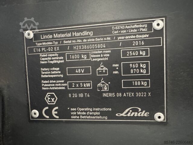 E 16 PL - 386 / 02 Evo * Atex EX * Proplan 2G / Z1 * ÚJ akkumulátor !! LINDE E 16 PL - 386 / 02 Evo * Atex EX * Proplan 2G / Z1 * NEW battery !!