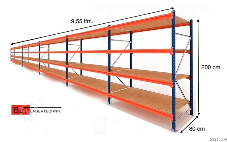 Scaffalatura portapallet a campata larga ca. 9,56 lfm. Weitspannregale H: 200 cm T: 80 cm , 400 kg Fachlast , 4 Ebenen