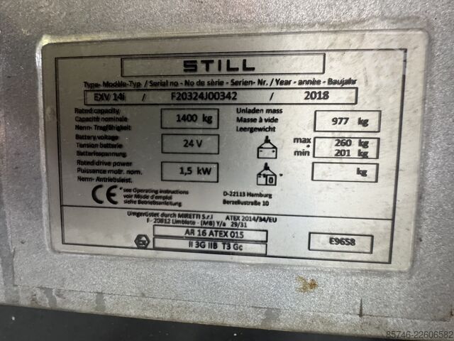 EXV 14 i * DEMÓ * Atex EX * Miretti 3G / Z2 * ÚJ akkumulátor !! STILL EXV 14 i * DEMO * Atex EX * Miretti 3G / Z2 * NEW battery !!