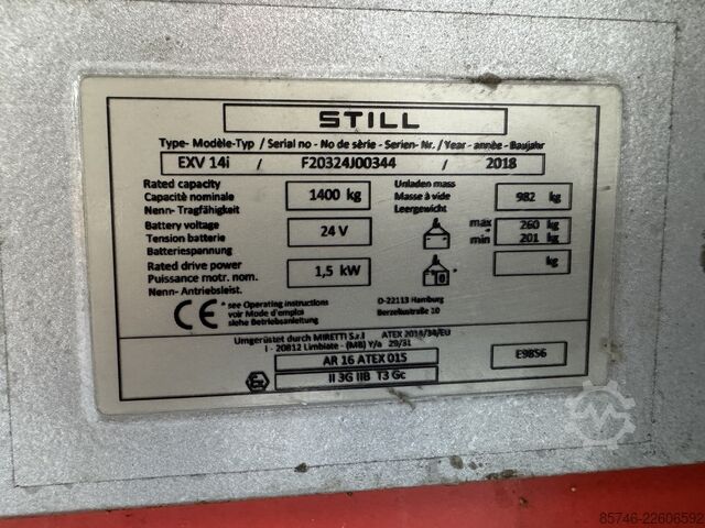EXV 14 i * DEMÓ * Atex EX * Miretti 3G / Z2 * ÚJ akkumulátor !! STILL EXV 14 i * DEMO * Atex EX * Miretti 3G / Z2 * NEW battery !!