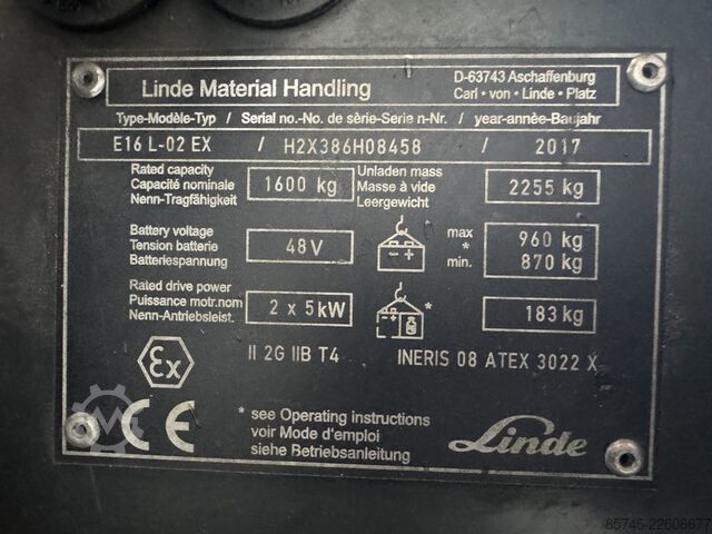 E 16 L - 386 / 02 Evo * Atex EX * Proplan 2G / Z1 * ÚJ akkumulátor !! LINDE E 16 L - 386 / 02 Evo * Atex EX * Proplan 2G / Z1 * NEW battery !!
