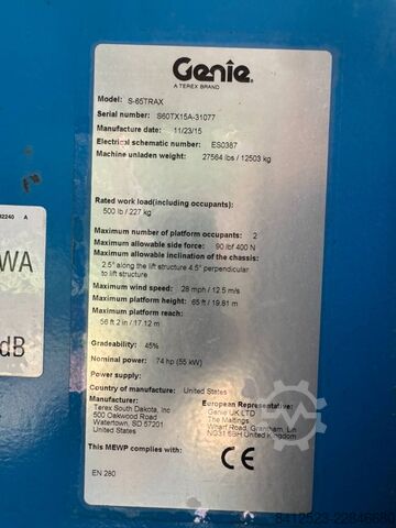 Platforma teleskopowa Genie S 65 Trax 22meter