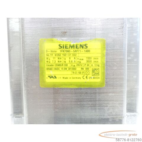 Motor Siemens Siemens 1FK7063-5AF71-1AB0 Synchronservomotor SN:YFW350150101002