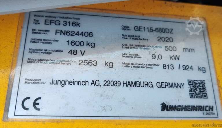 Elektrikli – 4 tekerlek Jungheinrich EFG 316k 6.8m/ 3797mh