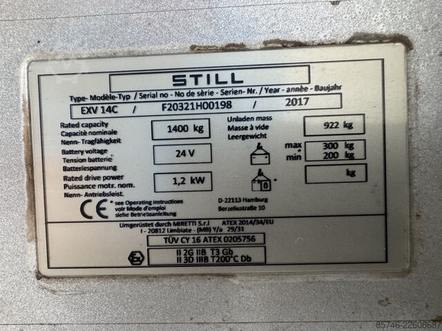 EXV 14 C * DEMÓ * Atex EX * Miretti 2G / Z1 & 3D / Z22 * ÚJ akkumulátor !! STILL EXV 14 C * DEMO * Atex EX * Miretti 2G / Z1 & 3D / Z22 * NEW battery !!
