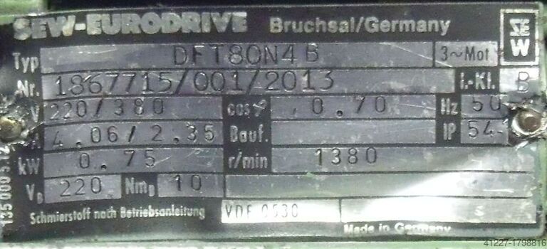 Aandrijfmotor 0,75 kW 18 tpm SEW-EURODRIVE DFT80N4B