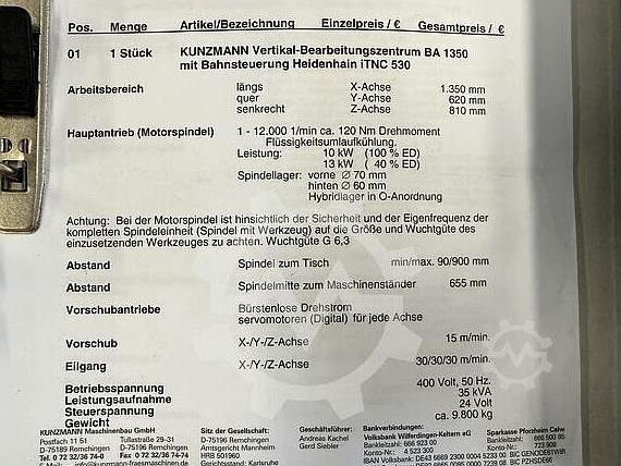 Függőleges megmunkáló központ KUNZMANN BA 1350