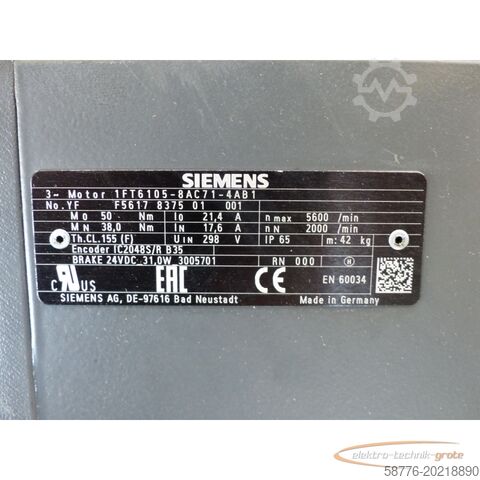 Κινητήρας Siemens Siemens 1FT6105-8AC71-4AB1 Synchron-Servomotor SN:YFF5617837501001