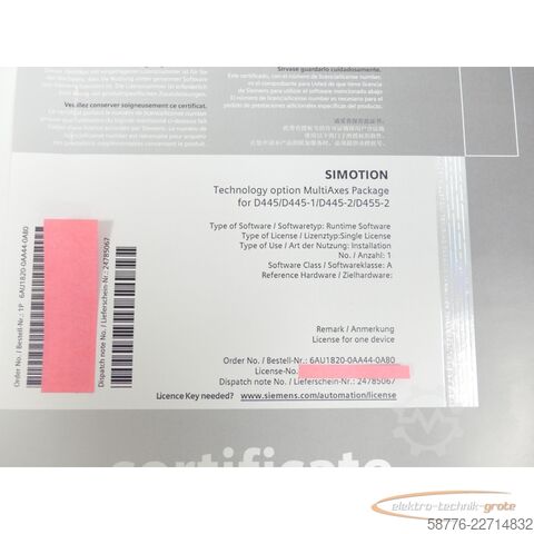 Composant Siemens certificate 6AU1820-0AA44-0AB0 for D445/D445-1/D445-2/D455-2 ung.