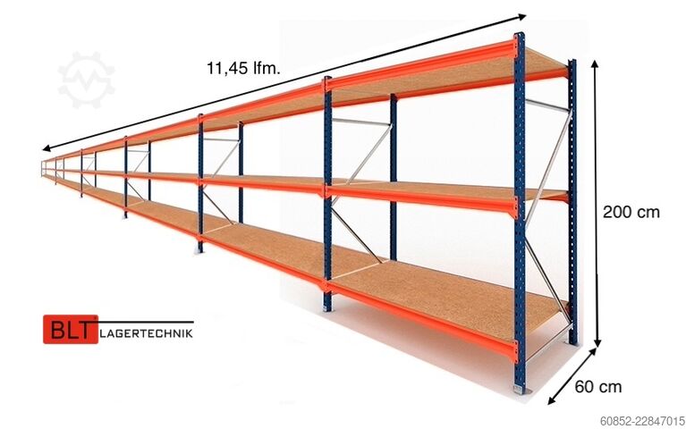Estantería de almacenamiento de gran luz ca. 11,46 lfm. Weitspannregale H: 200 cm T: 60 cm , 400 kg Fachlast , 3 Ebenen