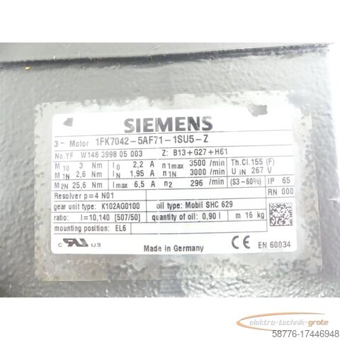 Silnik Siemens Siemens 1FK7042-5AF71-1SU5-Z Servomotor SN: YFW148399805003