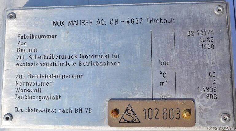 4000 liter tank gemaakt van V2A INOX - MAURER AG 8752