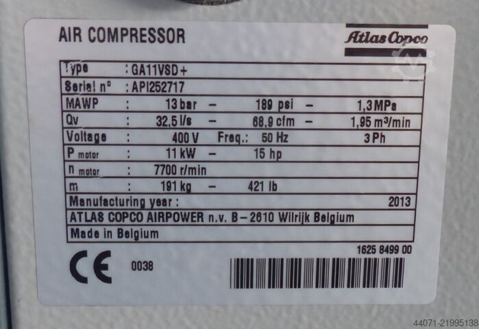 Compresseur à vis GA11VSD+ Atlas Copco GA11VSD+