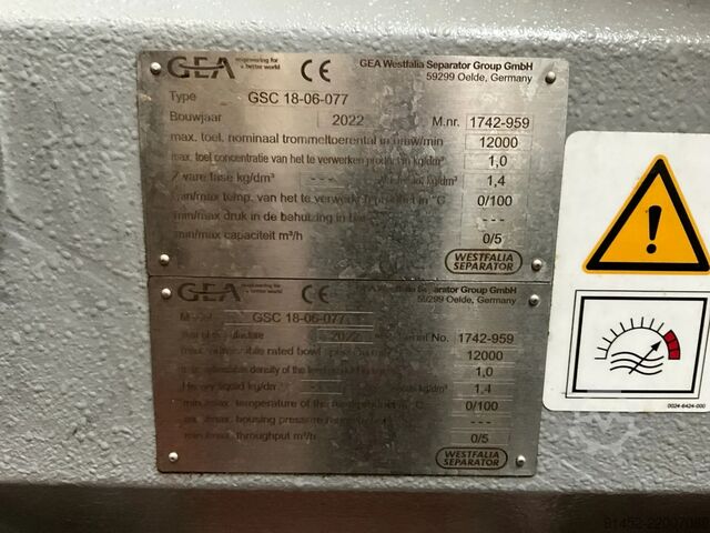 2022 GEA GSC 18-06-077 Biecentrifuge / GEA GSC 18-06-077 Beer Centrifuge /
