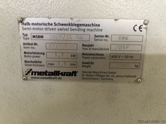 Ohýbačka plechu METALLKRAFT MSBM 3020-15 SH