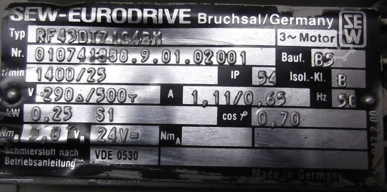 Motorreductor 0,25 kW 25 rpm SEW Eurodrive** RF43DT71C4BM