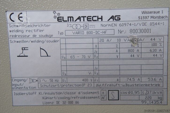 Hegesztőgép tápegység Elmatech Varion 800-DC-HF