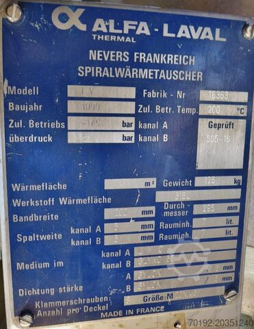 Alfa Laval 1.3 m² stainless steel spiral heat exchanger ALFA-LAVAL 9054