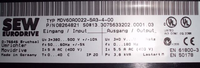 Frequency converter 2.2 kW 3.8 kVA SEW Eurodrive MDV60A0022-5A3-4-00
