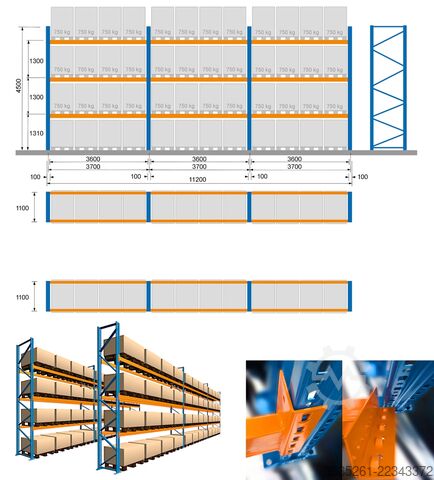 Palletstelling 2 x 11,2 m, 4,5 m hoch, 8 Rahmen 36 Traversen (3600 !)  3 Trav.-Eb. 3t