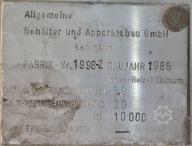 Izolowany zbiornik ciśnieniowy 10 000 litrów, Aisi 304 ABAB Allgemeine Behälter- u. Apparate Bau 7181